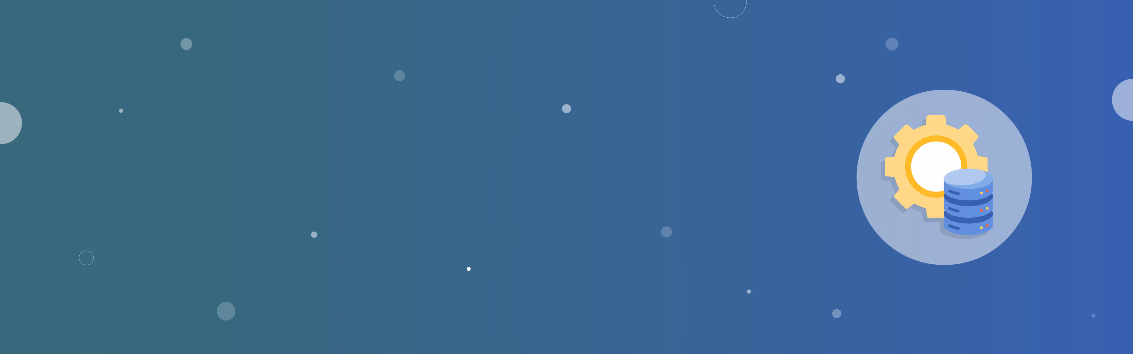 Pictogram van een tandwiel naast een databasetoren, op een blauwe achtergrond met verspreide lichtgekleurde stippen.