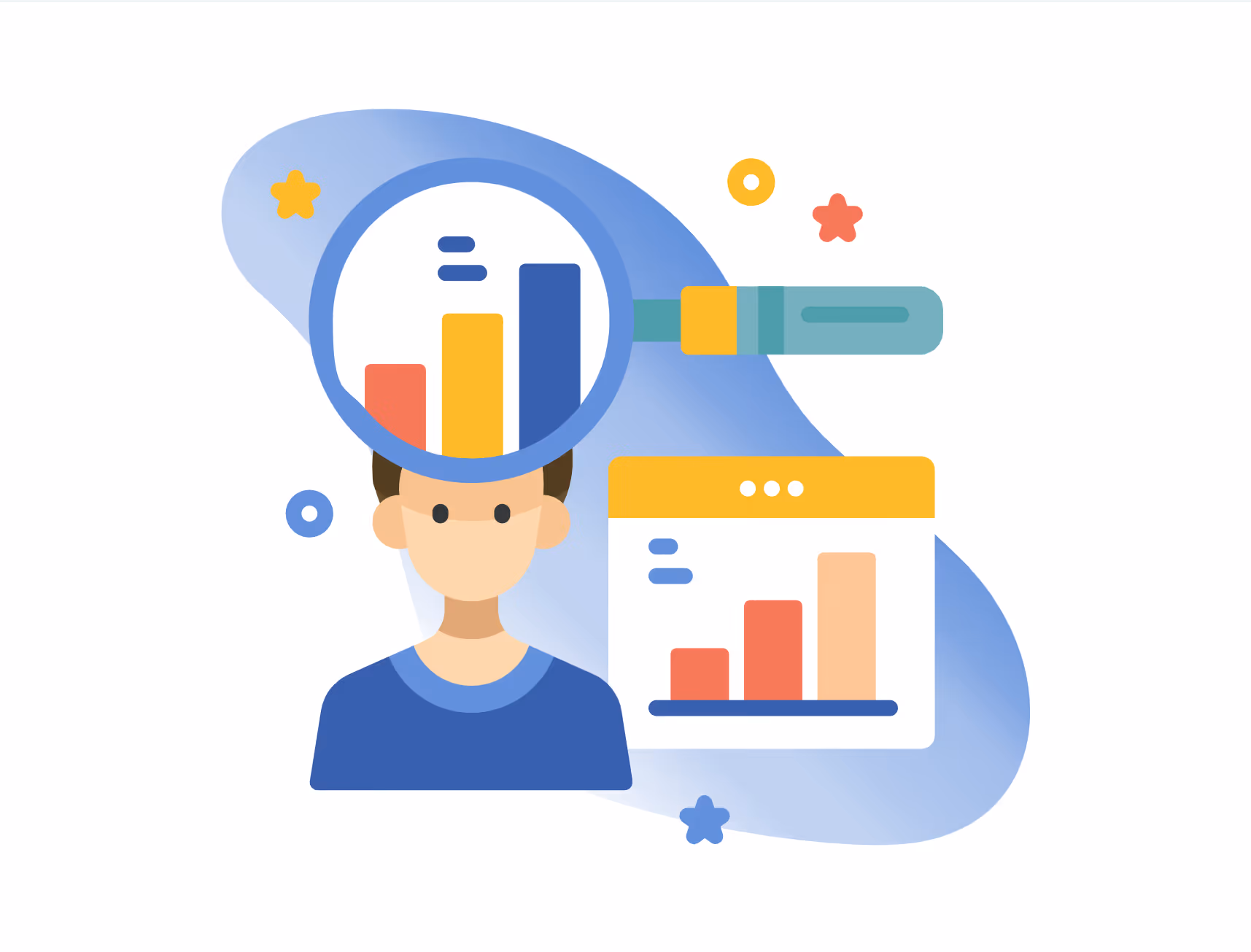 Illustratie van een persoon met vergrootglas dat een staafdiagram onderzoekt naast een grafiekvenster.