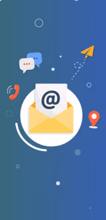 E-mail symbool met envelop, @-teken, telefoonhoorn, chatbubbels, papieren vliegtuigje en locatiepictogram op een blauwgroene achtergrond.