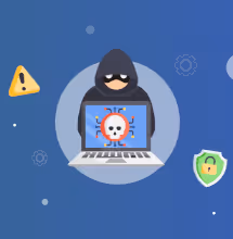 Getekende hacker met capuchon die een laptop gebruikt met een viruspictogram en waarschuwingstekens eromheen.