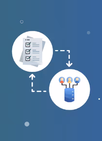 Een illustratie van een checklist met vinkjes verbonden met een database-achtig object door stippellijnen met pijlen, op een blauwe achtergrond.