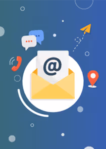 Pictogram van een geel open envelop met een papier met het apenstaartje symbool, omringd door iconen van een telefoonhoorn, locatie, spraakballonnen en een papieren vliegtuigje.