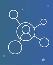 Pictogram van een persoon in het midden verbonden met meerdere cirkels, die een netwerk of verbindingen symboliseren.