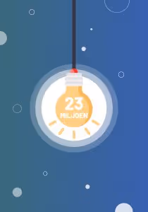 Illustratie van een gloeilamp met de tekst '23 miljoen' erin, hangend aan een snoer tegen een blauwe achtergrond met cirkelvormige patronen.