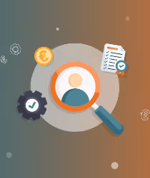 Vergrootglas boven een persoon, omringd door een checklist met een vinkje, een tandwiel met een vinkje en euro-symbolen.