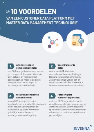 Overzicht van 10 voordelen van een customer data platform met master data management technologie, inclusief vier punten: correcte klantdata, gecentraliseerde data, nieuwe klantinzichten en persoonlijke customer experience.