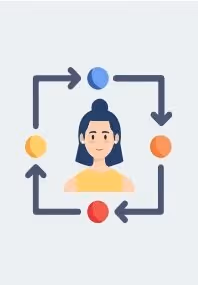 Illustratie van een vrouw met een vierkant pijlenschema en gekleurde cirkels eromheen.