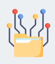 Gele map met lijnen die uitkomen op rode, blauwe en oranje knoppen, symboliserend digitale data of netwerkverbindingen.