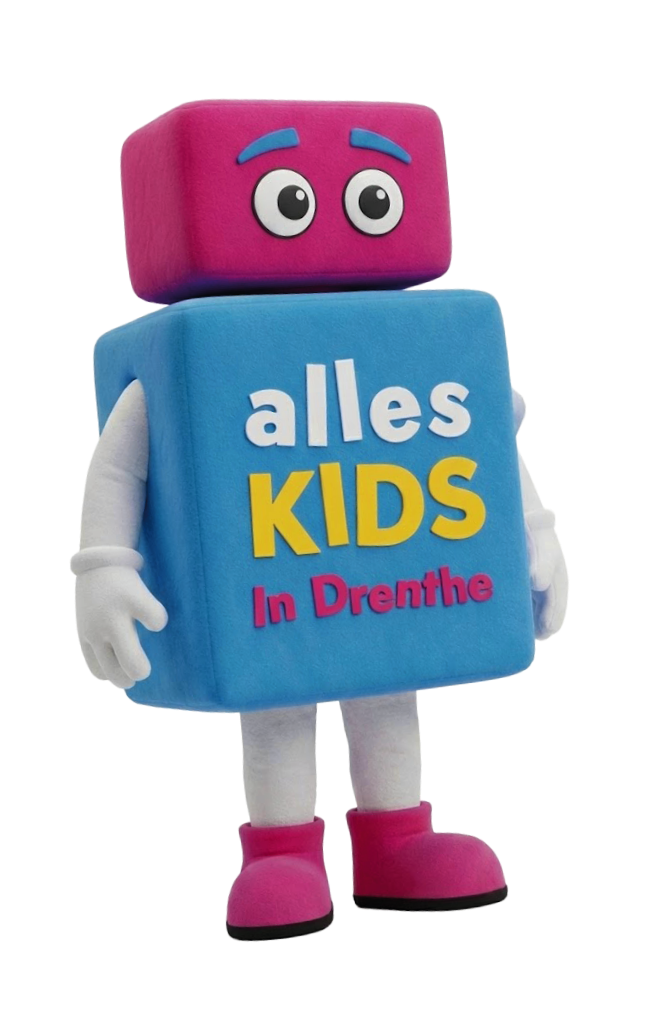 Mascot with a pink rectangular head and blue rectangular body wearing white gloves and pink shoes, with text 'alles KIDS In Drenthe' on the body.