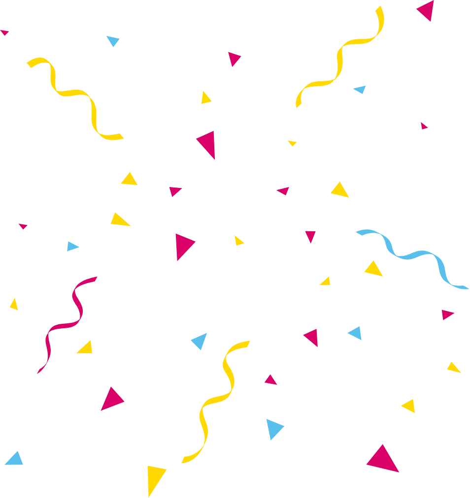 Scattered colorful confetti and streamers in pink, yellow, blue, and white on a transparent background.