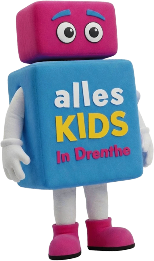 Colorful cartoon character with pink square head, blue rectangular body with text 'alles KIDS In Drenthe', white arms and legs, and pink shoes.