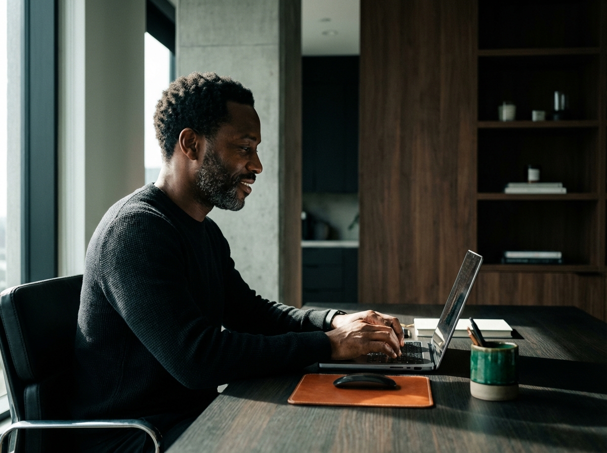 Man in a black sweater typing on a laptop at a wooden desk in a modern office setting.
