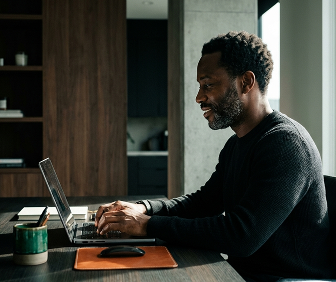 Man in a black sweater typing on a laptop at a wooden desk by a window in a modern office.