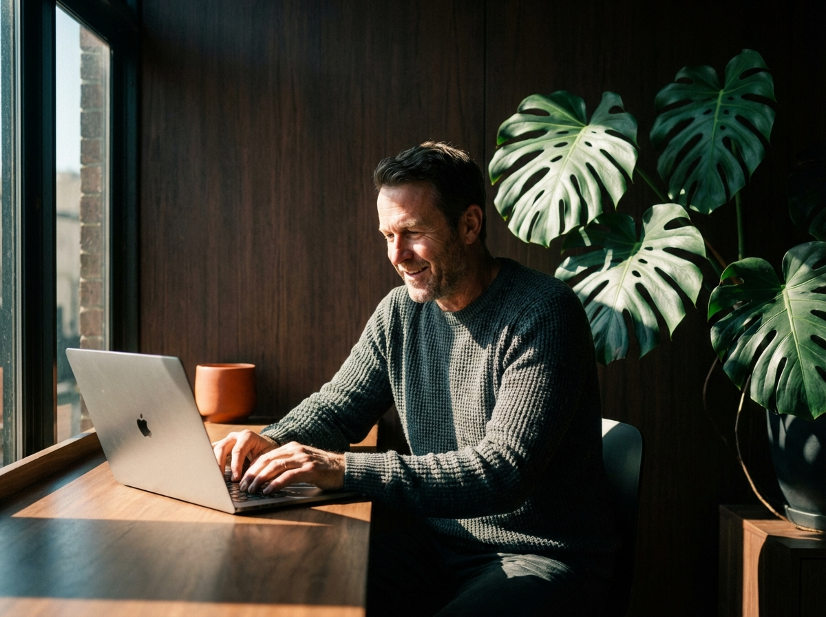 Man works on computer