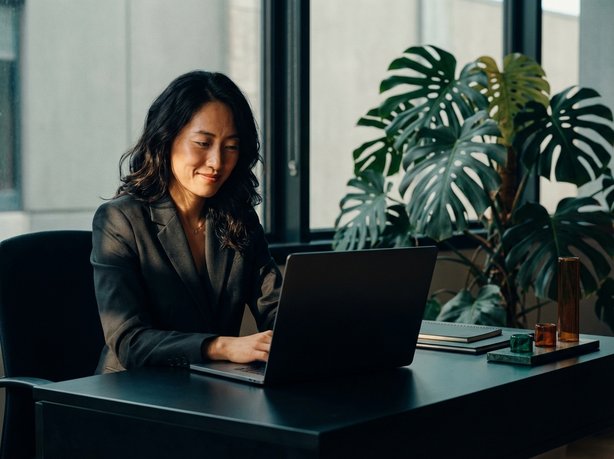 Asian woman smiles at computer with a big green plant nearby