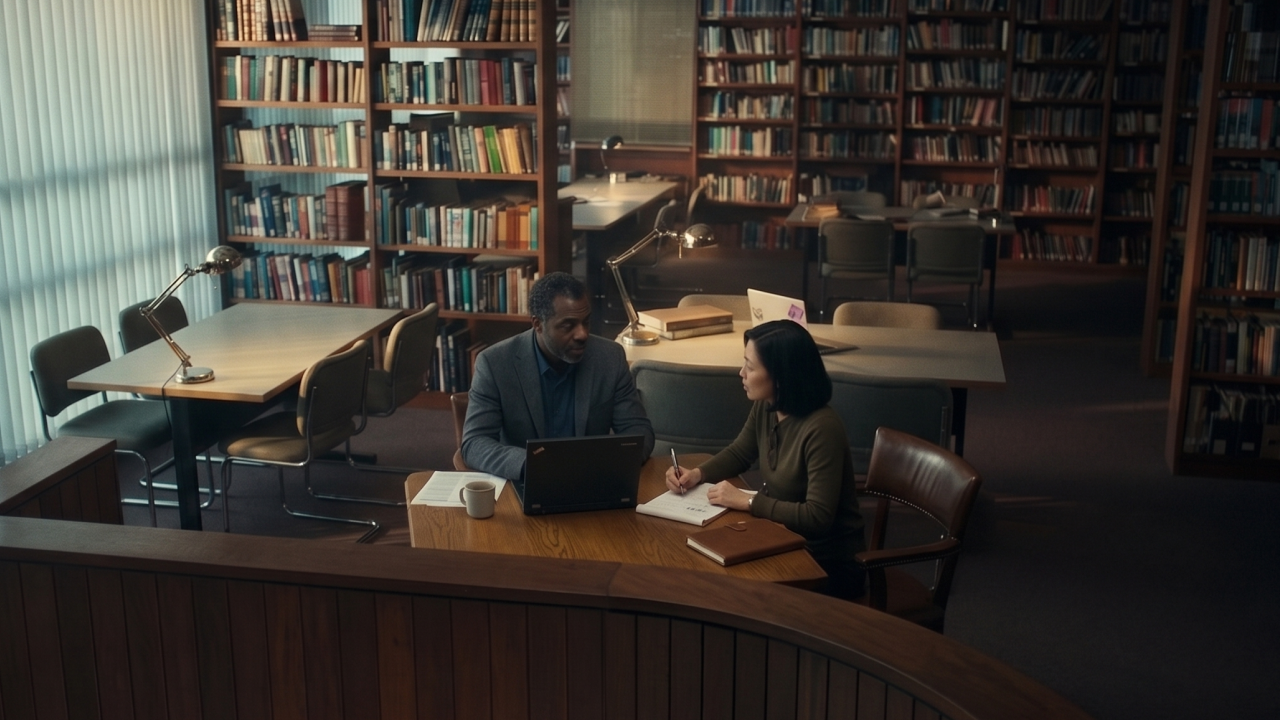 Two accountant work together in a moody office. 
