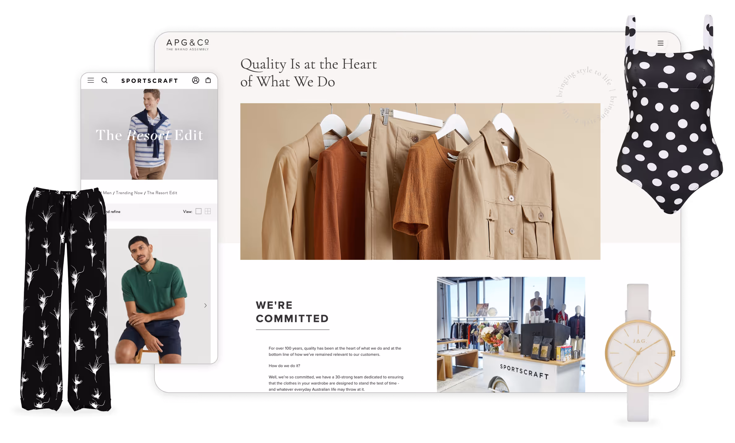 Composite image showing a fashion website screen with men's resort wear, a hanging rack of beige and brown clothing, a black polka dot swimsuit, black floral pants, and a white watch with a gold rim.