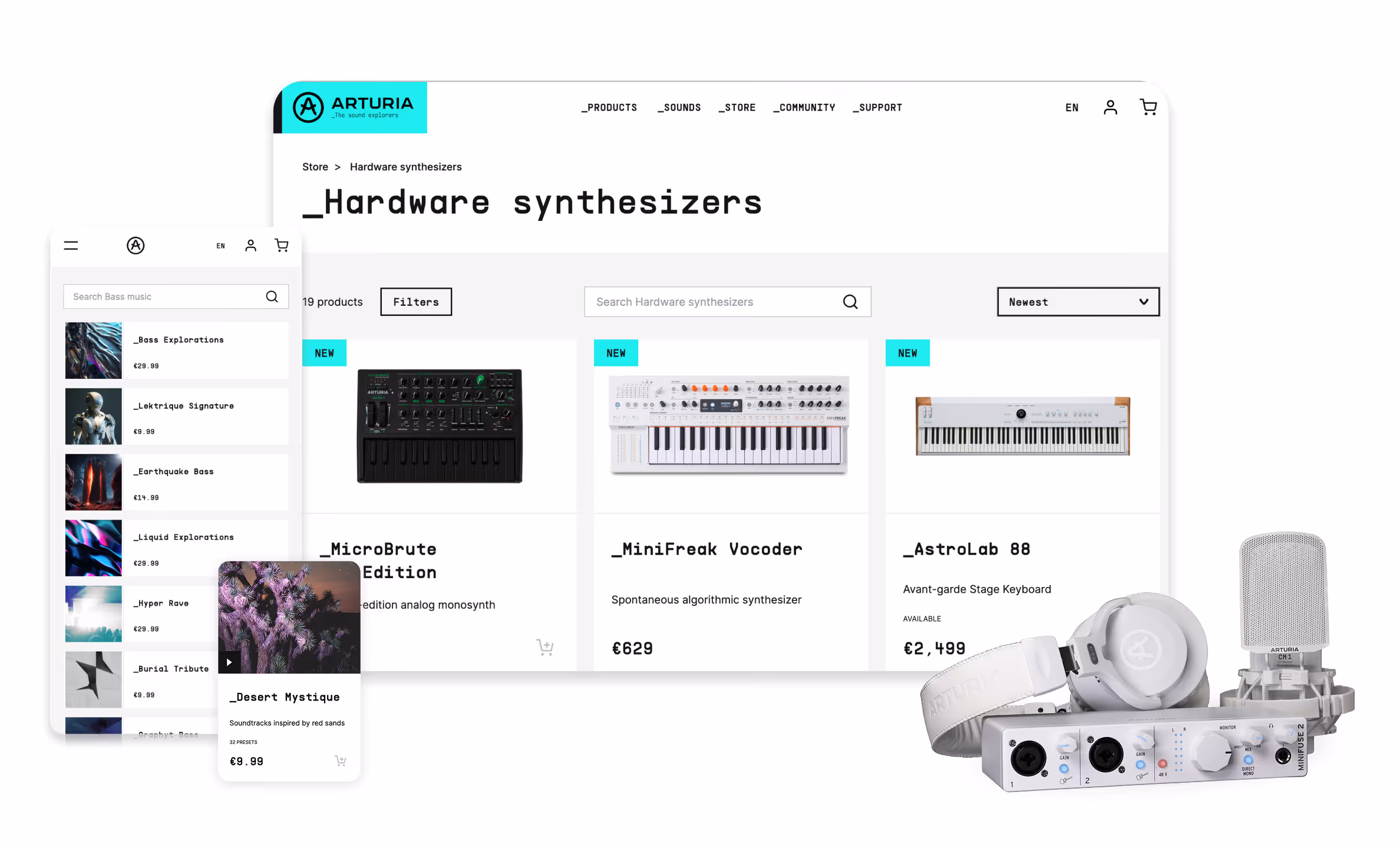 Arturia online store page showing hardware synthesizers including MicroBrute, MiniFreak Vocoder, and AstroLab 88 keyboards with headphones, audio interface, and microphone on the right.
