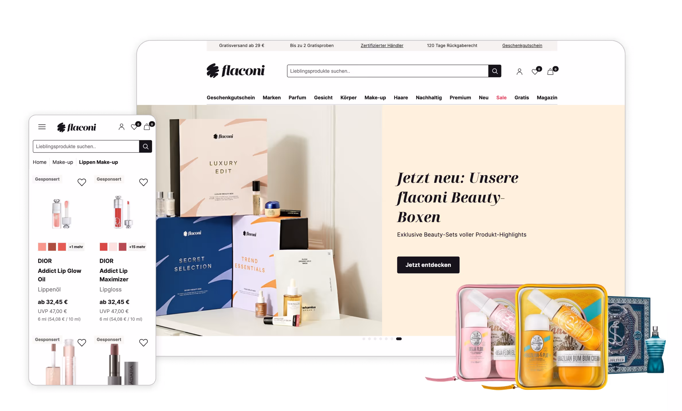 Flaconi website homepage displayed on desktop and mobile, featuring beauty boxes and lip makeup products with prices.