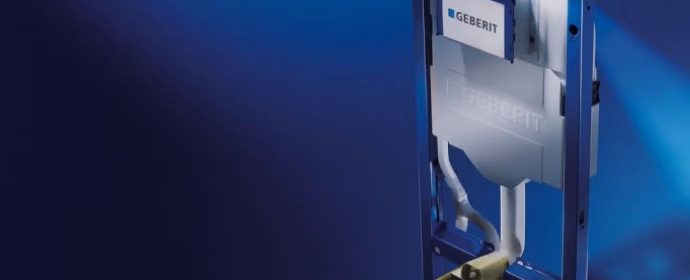 Geberit plumbing system frame with integrated water tank and pipes against a blue gradient background.