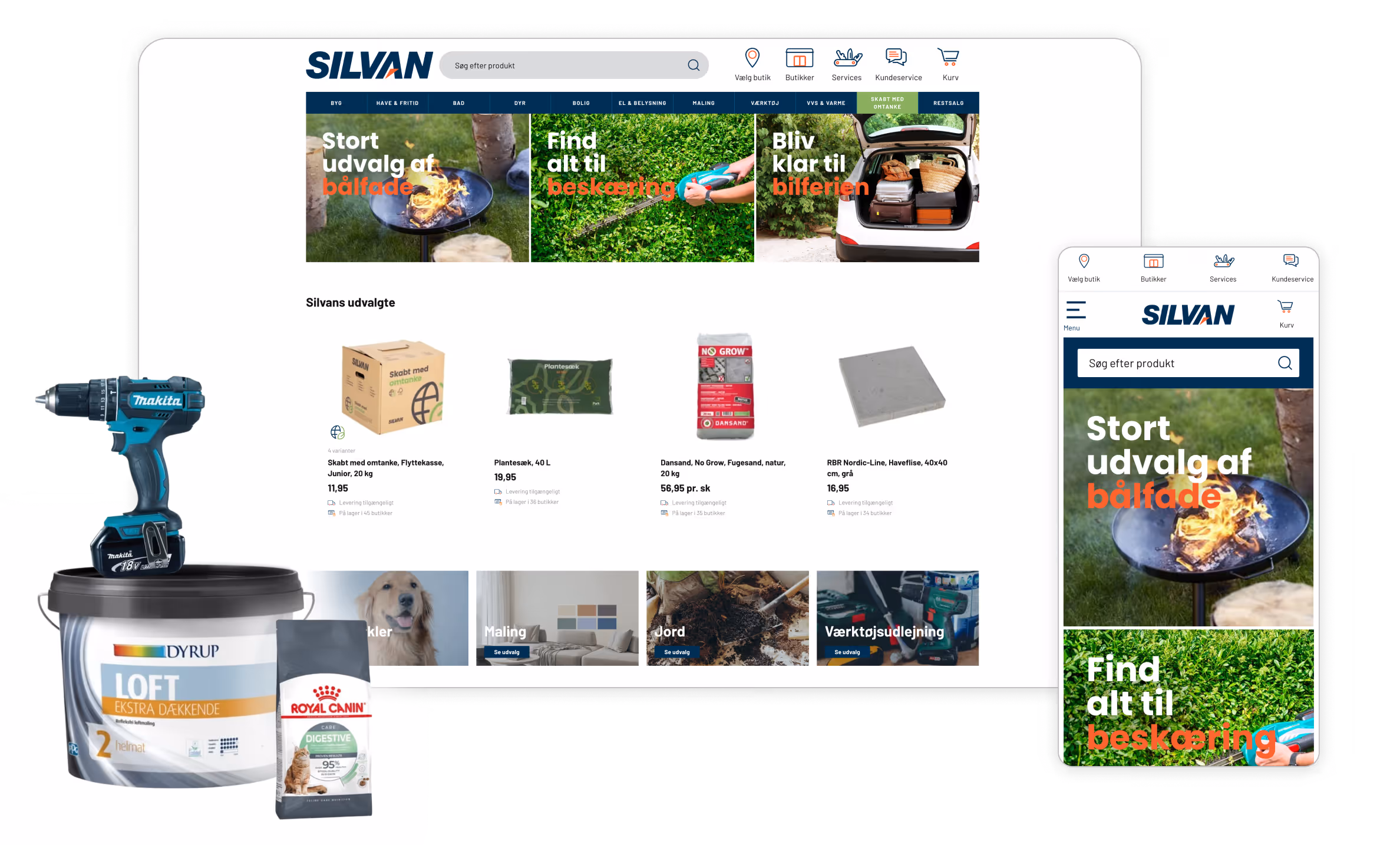 Silvan website homepage shows outdoor fire pits, garden trimming tools, car packing, selected gardening and home products including paint, pet food, and power tools.
