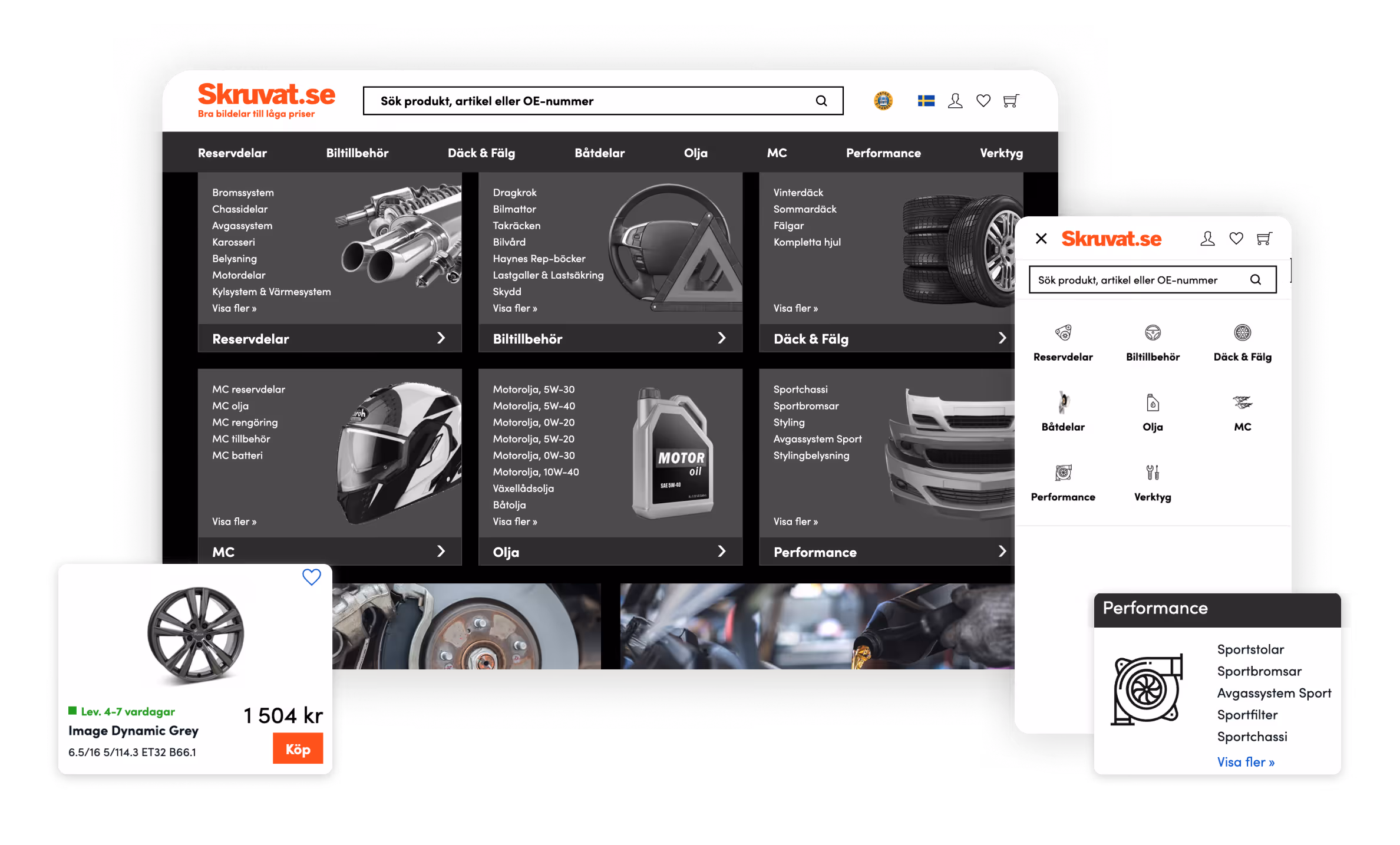 Skruvat.se website interface showing categories for car parts and accessories with product listings including a grey car wheel for 1,504 kr and dropdown menus for categories like Reservdelar, Biltillbehör, Däck & Fälg, MC, Olja, Performance, and Verktyg.