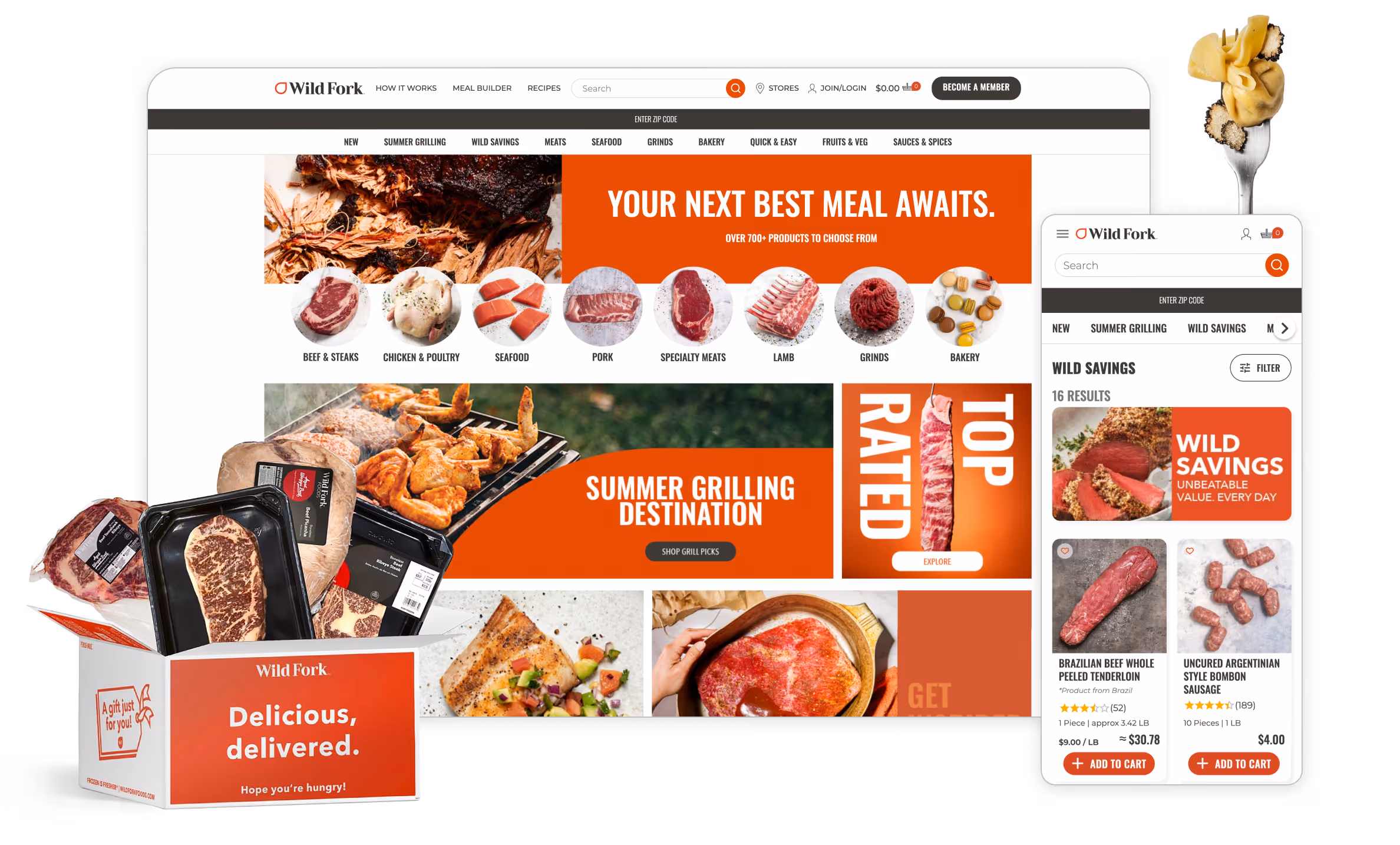Wild Fork website and mobile app interface displaying meat and seafood products with a box of packaged meats and pasta on a fork.