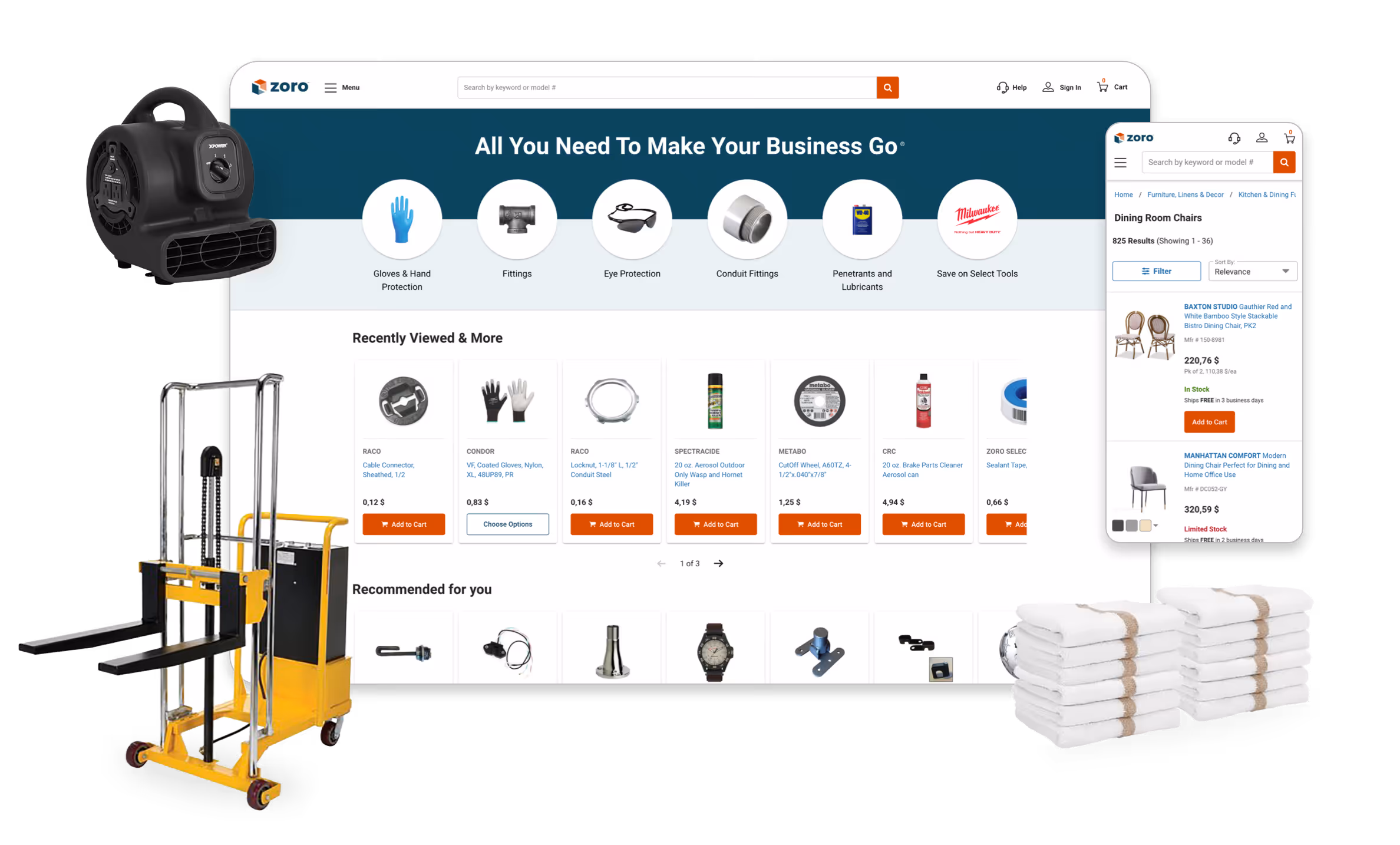 Zoro online store webpage showing categories like gloves, fittings, eye protection with product images, including a yellow pallet jack, a black blower fan, a mobile view of dining room chairs, and stacks of white towels around the webpage.