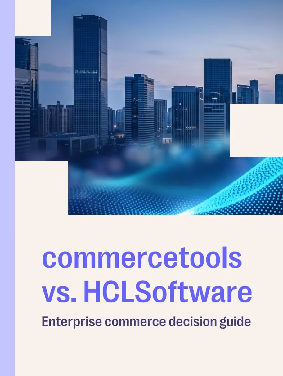 City skyline at dusk with digital wave overlay and text comparing commercetools vs. HCLSoftware for enterprise commerce decisions.