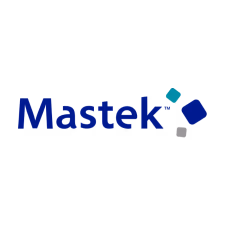 Mastek company logo with stylized blue, teal, and gray squares.