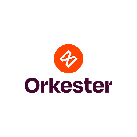 Orkester brand logo with stylized white hourglass symbol inside an orange circle above the company name in dark purple text.