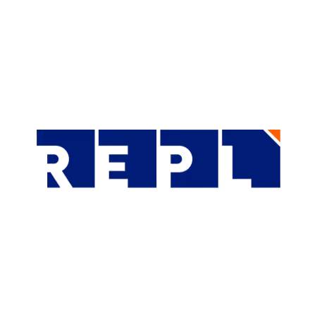 REPL logo with dark blue letters and an orange triangle accent in the top right corner.