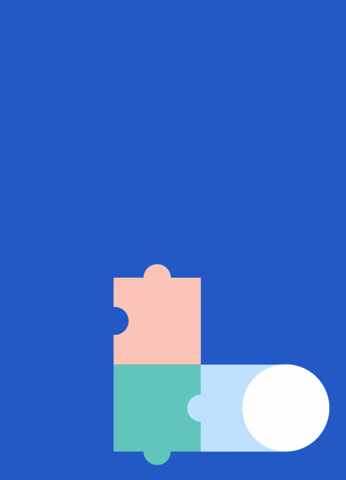 Three interconnected puzzle pieces in peach, teal, and light blue with a white circle on a blue background.