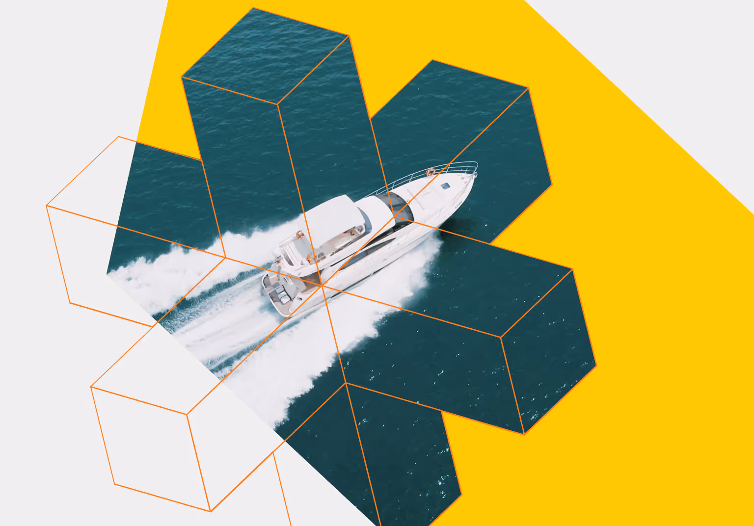 White yacht speeding through blue ocean water leaving a trail of white foam, overlaid with orange geometric shapes on yellow and gray background.