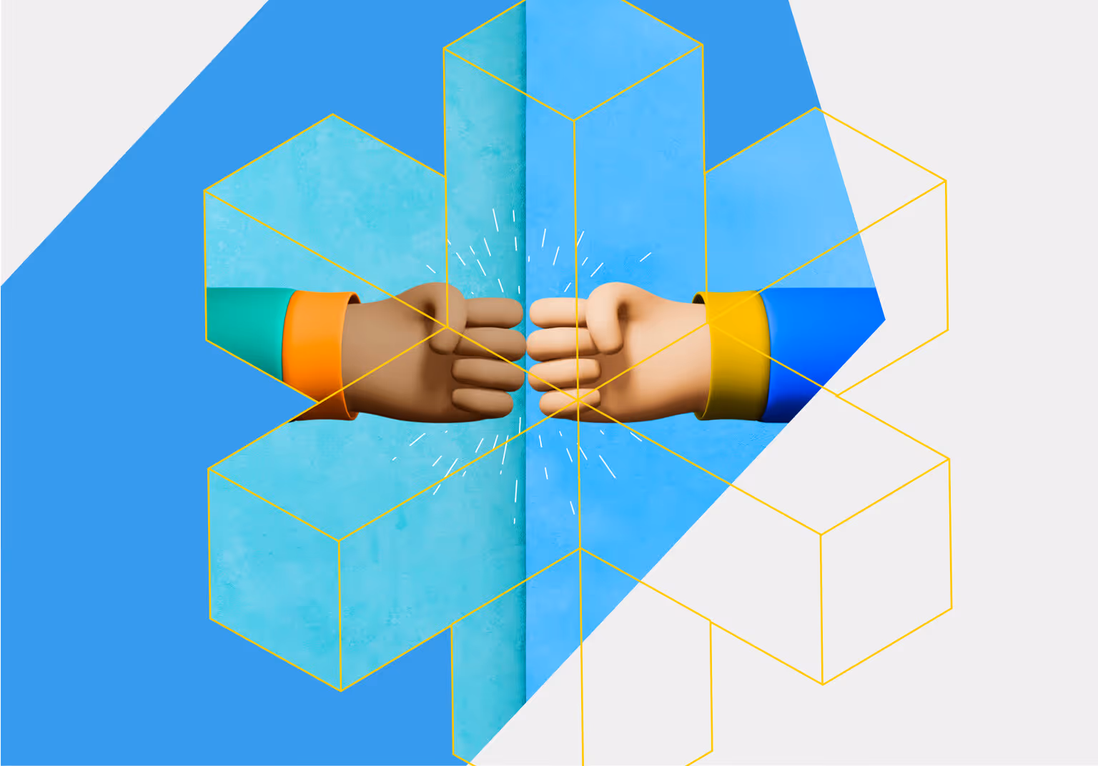 Two cartoon-style fists bumping each other inside a yellow outlined hexagonal pattern on a blue and gray background.