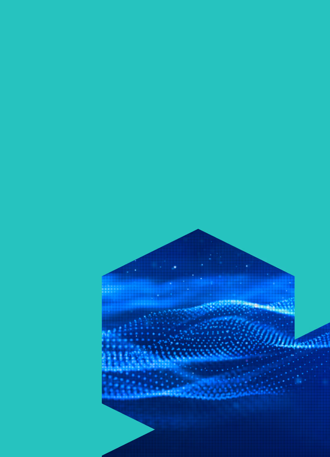 Blue digital wave pattern with glowing dots on a dark background inside a hexagonal shape on a teal background.