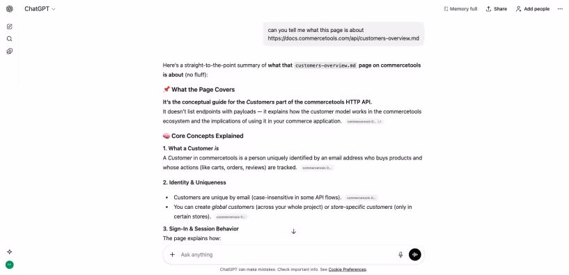 “Copy for LLM” and “View as Markdown” AI features on commercetools’ tech docs.