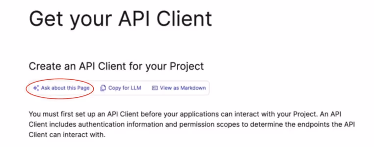 “Ask about this page” AI feature on commercetools’ tech docs.