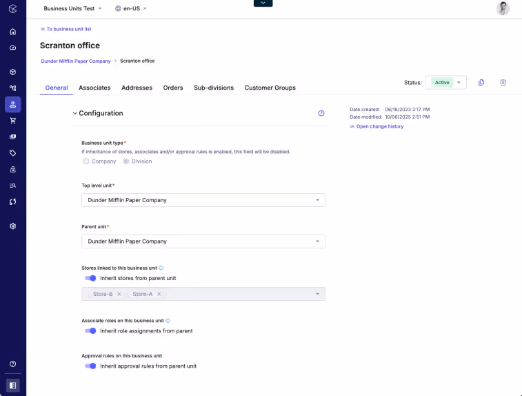 Web interface showing configuration settings for Scranton office under Dunder Mifflin Paper Company, including business unit type set to Division and options to inherit stores, roles, and approval rules from parent unit.