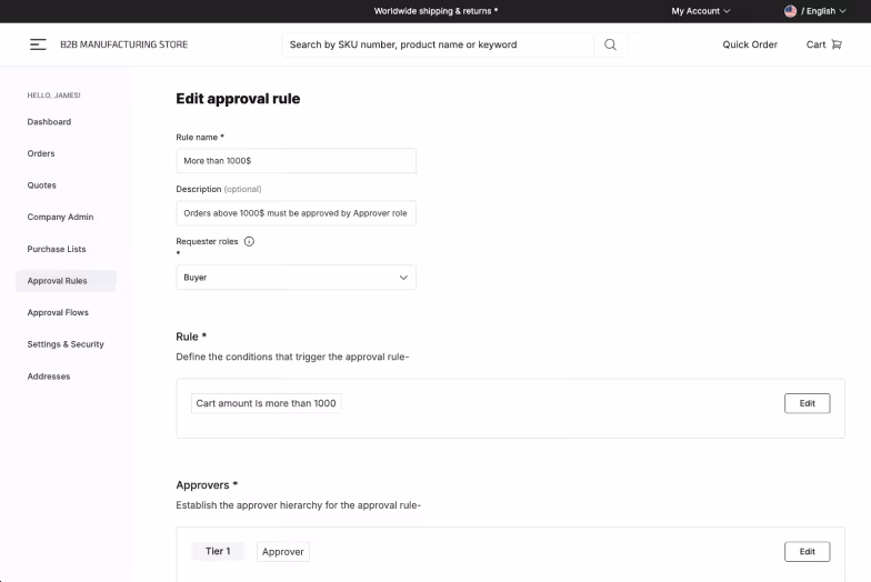 Editing approval rules in the commercetools Merchant Center.