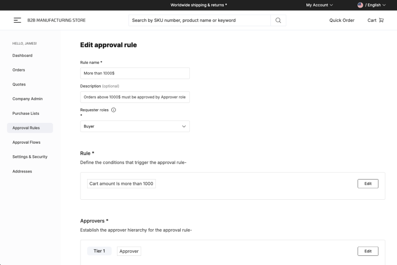 Editing approval rules in the commercetools Merchant Center.