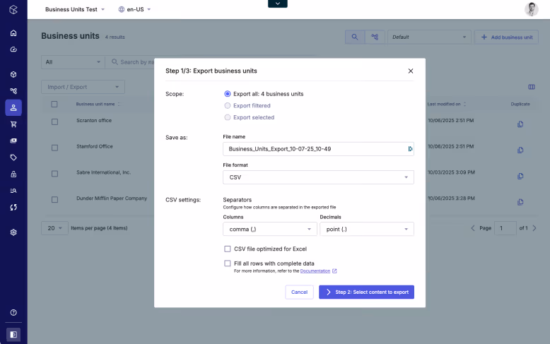 How to export Business Units in the commercetools Merchant Center.