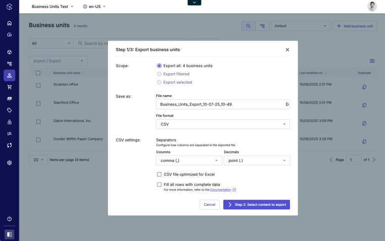 How to export Business Units in the commercetools Merchant Center.