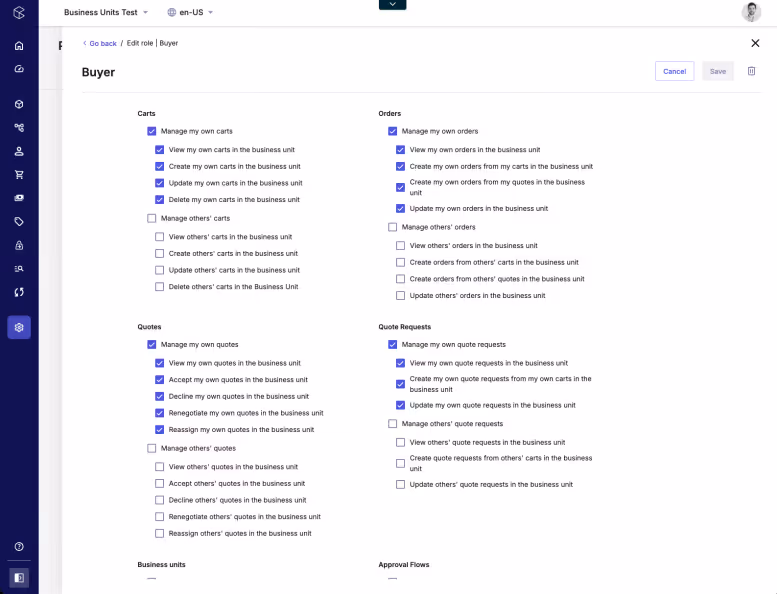 Editing buyer roles in the commercetools Merchant Center.