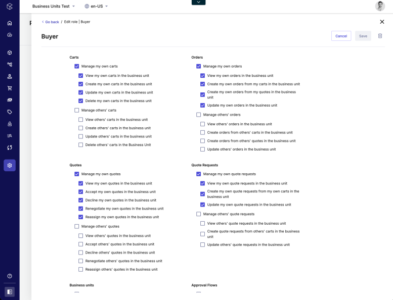 Editing buyer roles in the commercetools Merchant Center.