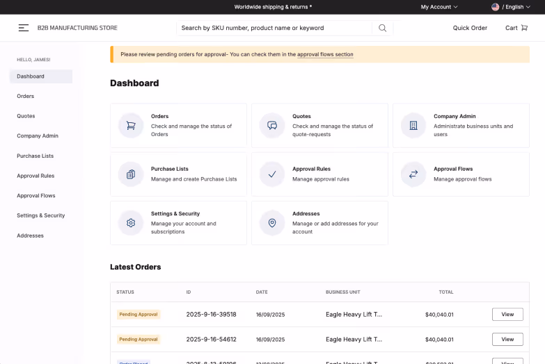 Buyers can see pending orders for approval in the commercetools Merchant Center.