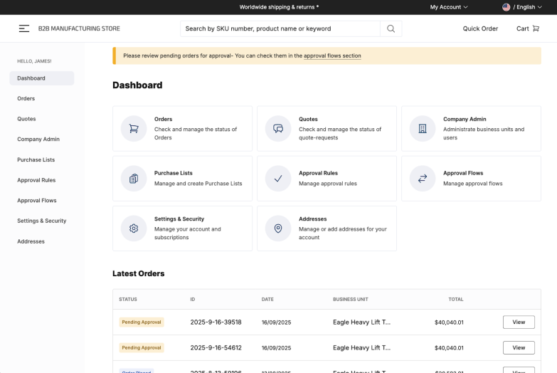 Buyers can see pending orders for approval in the commercetools Merchant Center.