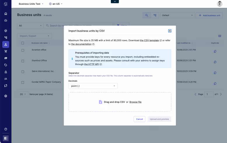 How to import Business Units by CSV in the commercetools Merchant Center.