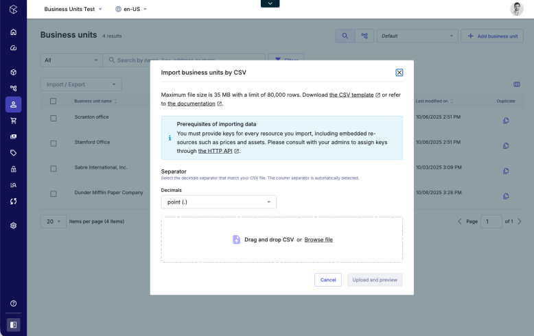 How to import Business Units by CSV in the commercetools Merchant Center.