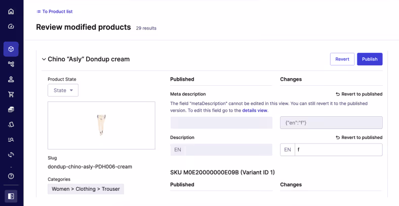 Reviewing modified products on commercetools’ Merchant Center